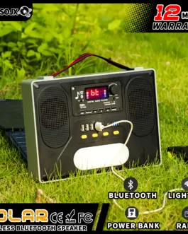 POWLSOJX reproductor de música con energía Solar, paneles portátiles y plegables, Bluetooth/USB/Radio FM, luz LED, puerto de carga USB adicional