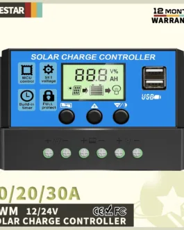 POWLSOJX-controlador de carga Solar PWM, 12V, 24V, pantalla LCD ajustable, puerto USB Dual, ajuste de temporizador, parámetro automático, 10A, 20A, 30A