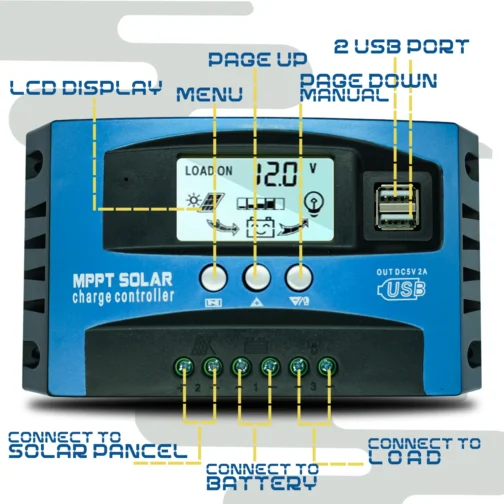 Controlador de carga Solar, regulador de cargador de Panel de celda automático con pantalla LCD, USB Dual, 12V, 24V, 60/80/100A - Imagen 5