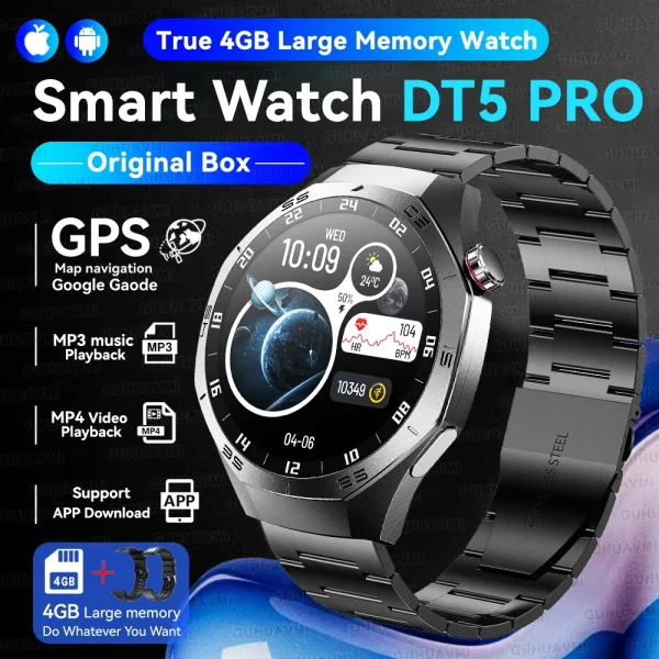 2025 para android ios reloj dt5pro reloj inteligente 4gb memoria grande navegación gps reproductor mp3/mp4 aplicación descargar deportes trackr smartwatch