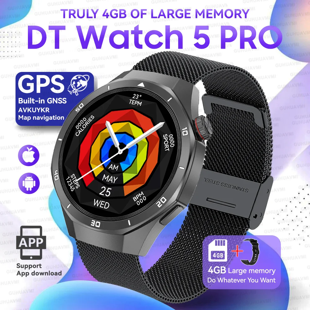 2025 para android ios reloj dt5pro reloj inteligente 4gb memoria grande navegación gps reproductor mp3/mp4 aplicación descargar deportes trackr smartwatch